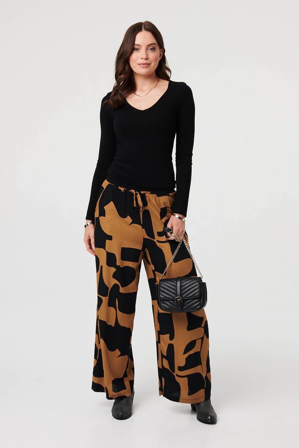 Izabel London Abstract Drawstring Waist Wide Trousers In Brown Izabel London Abstract Drawstring Waist Wide Trousers In Brown