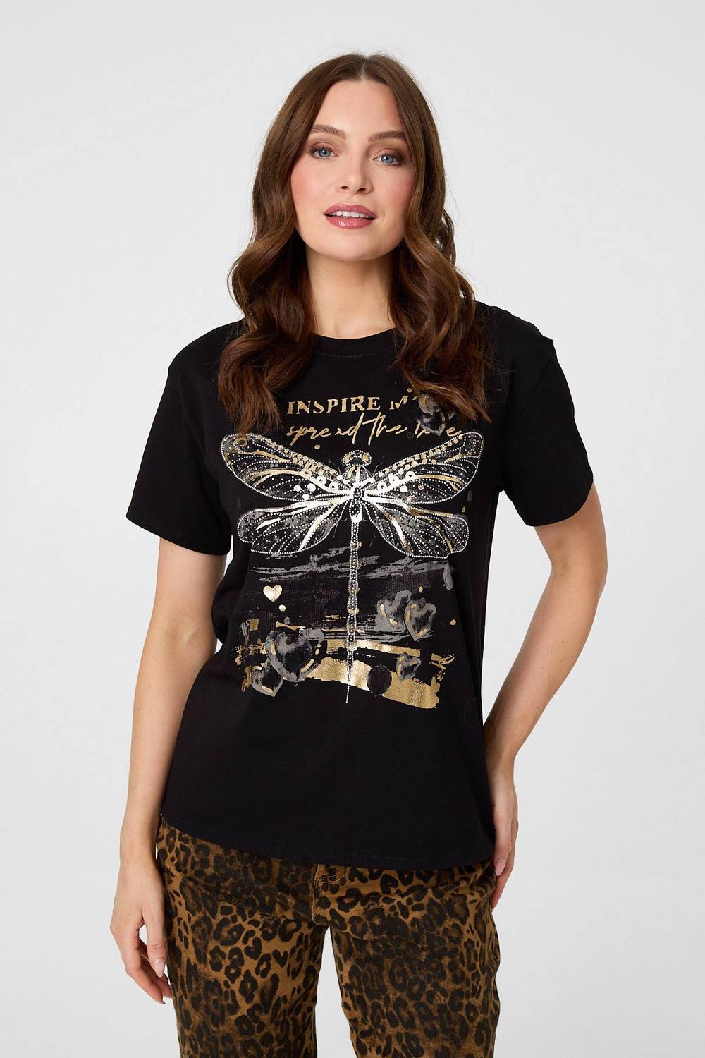 Izabel London Graphic Print Metallic Detail Shirt In Black Izabel London Graphic Print Metallic Detail Shirt In Black