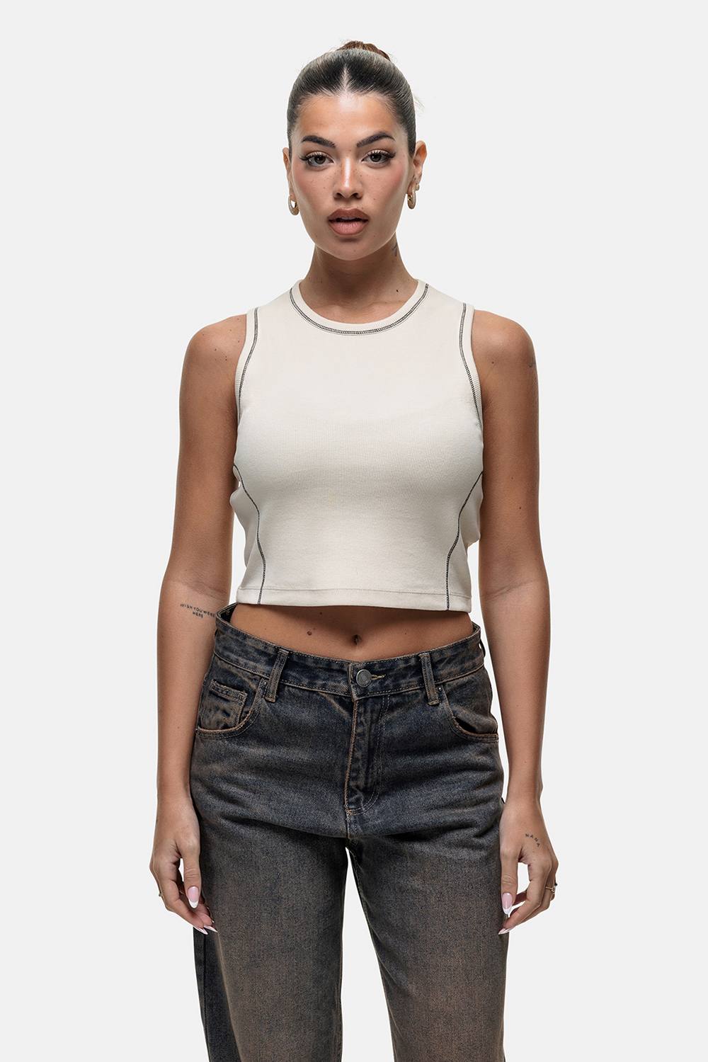 Good For Nothing Stitch Detail Cropped Vest Top In Cream Good For Nothing Stitch Detail Cropped Vest Top In Cream