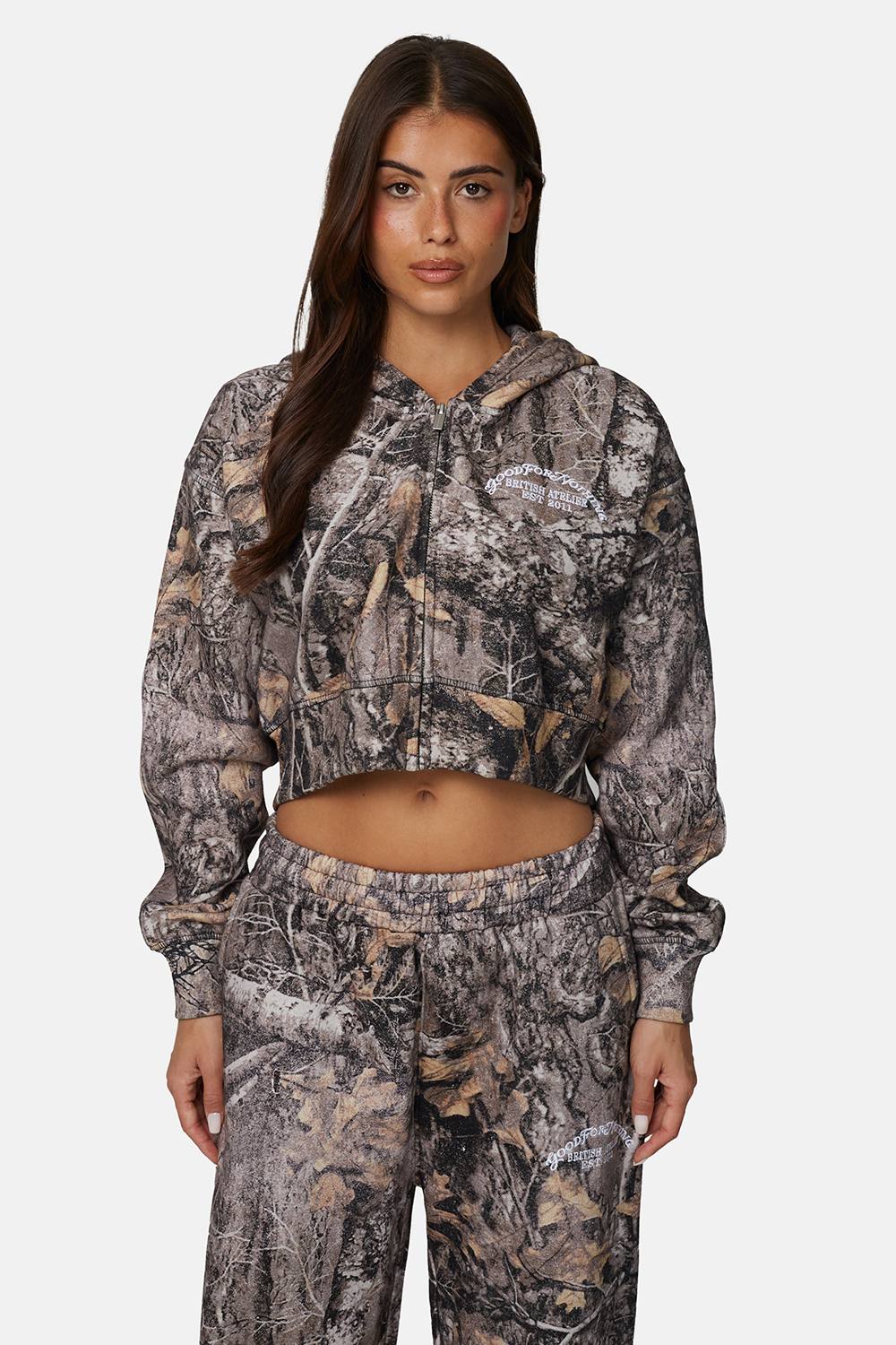 Good For Nothing Cropped Oversized Camo Zip Hoodie In Brown Good For Nothing Cropped Oversized Camo Zip Hoodie In Brown