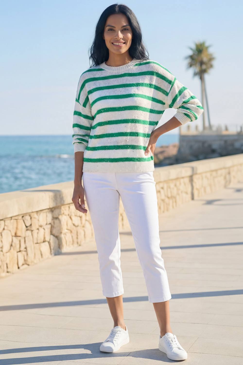 Roman Striped Sequin Knit Jumper In Green Roman Striped Sequin Knit Jumper In Green