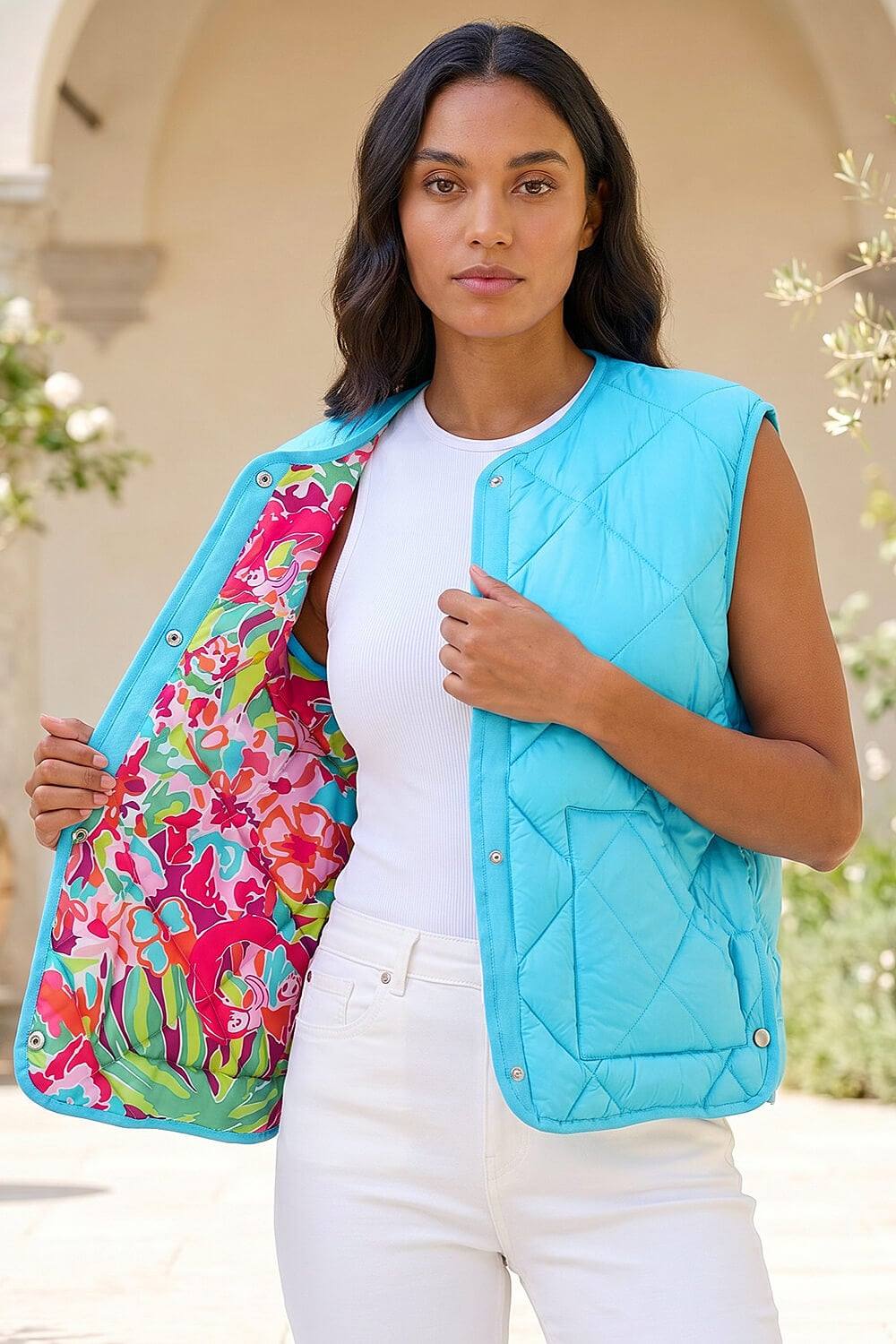 Roman Quilted Funnel Neck Lined Gilet In Turquoise Roman Quilted Funnel Neck Lined Gilet In Turquoise