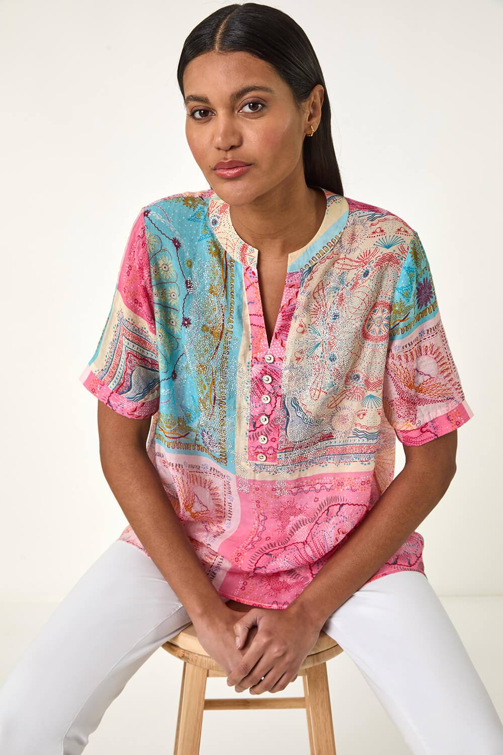 Roman Scarf Print Hotfix Buttoned Top In Pink Roman Scarf Print Hotfix Buttoned Top In Pink