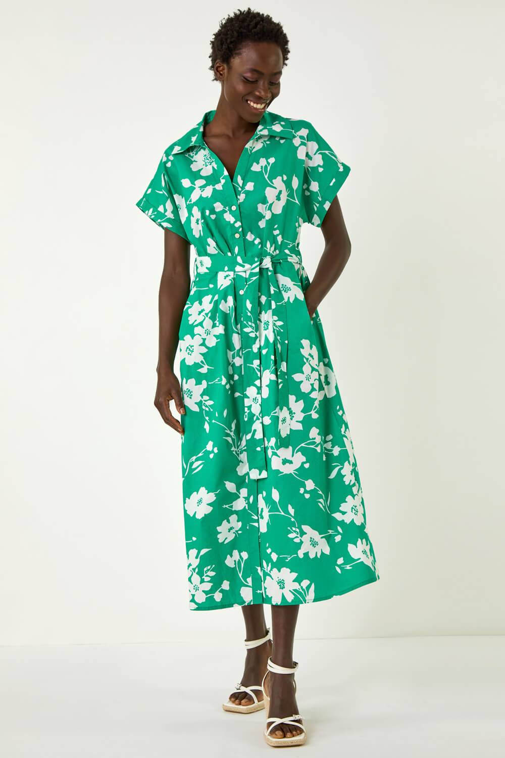 Roman Floral Cotton Poplin Shirt Dress In Green Roman Floral Cotton Poplin Shirt Dress In Green