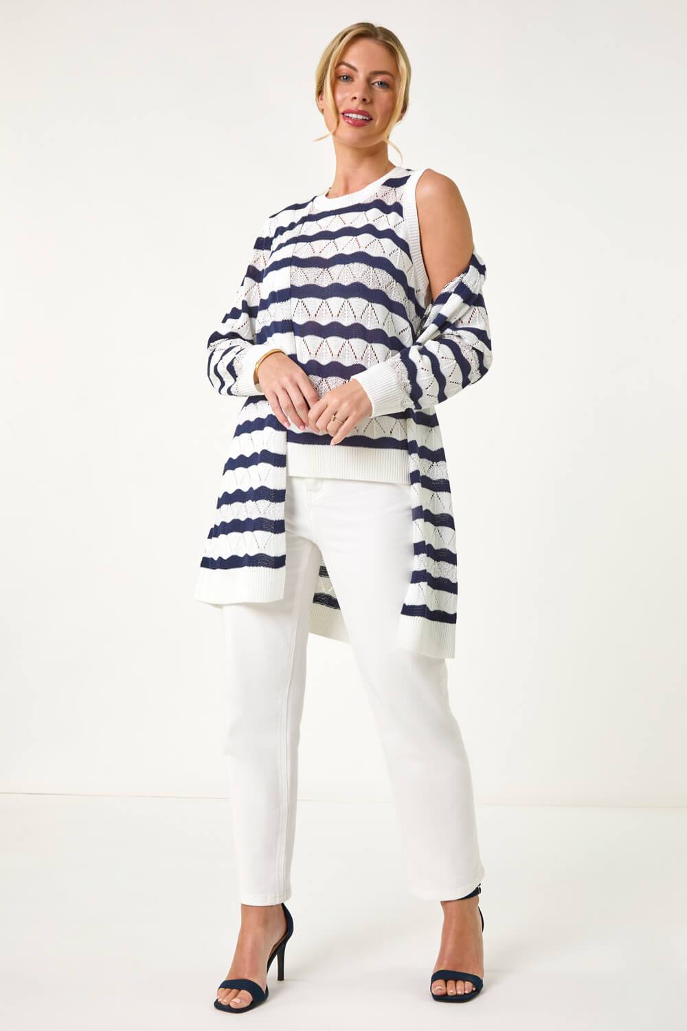 Roman Petite Stripe Pointelle Knit Cardigan In Navy Roman Petite Stripe Pointelle Knit Cardigan In Navy