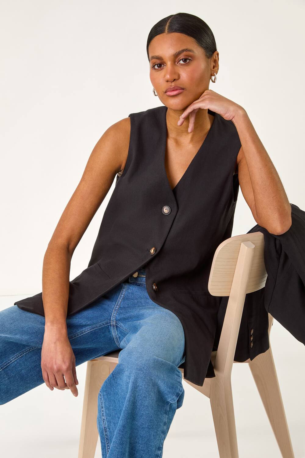 Roman Longline Button Waistcoat Jacket In Black Roman Longline Button Waistcoat Jacket In Black