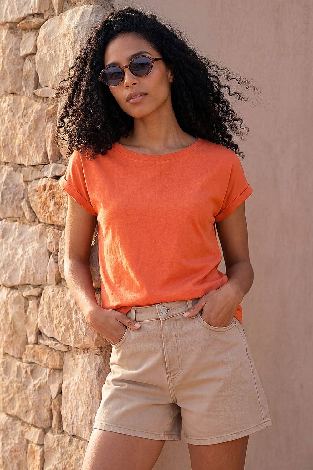 Roman Plain Stretch Cotton Jersey Shirt In Orange Roman Plain Stretch Cotton Jersey Shirt In Orange