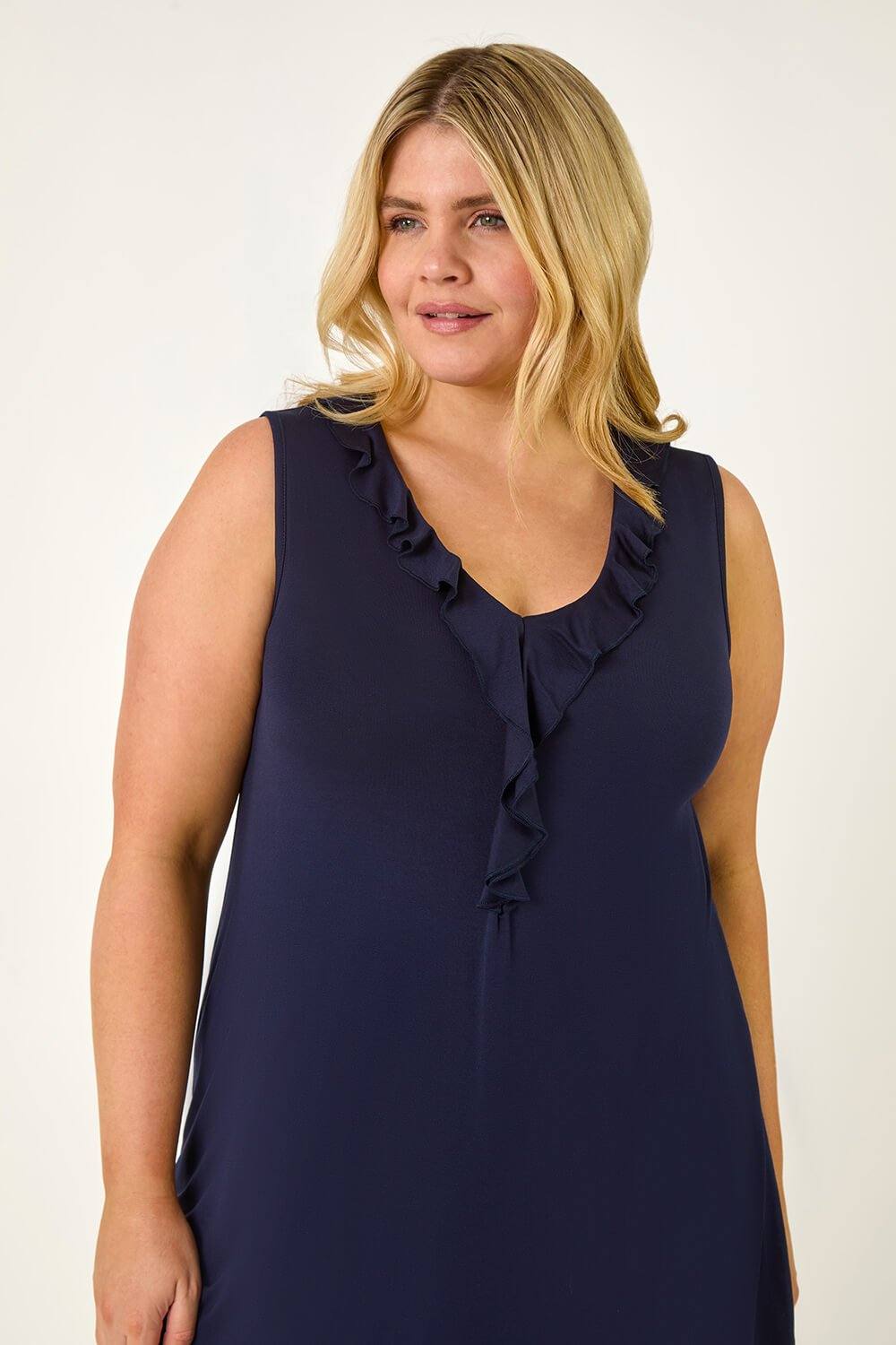 Roman Curve Ruffle Neck Vest Top In Navy Roman Curve Ruffle Neck Vest Top In Navy