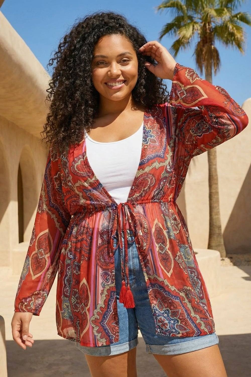Roman Curve Paisley Tie Front Kimono In Red Roman Curve Paisley Tie Front Kimono In Red