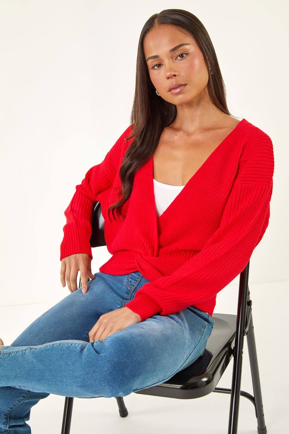 Roman Petite Twist Front Knit Jumper In Red Roman Petite Twist Front Knit Jumper In Red