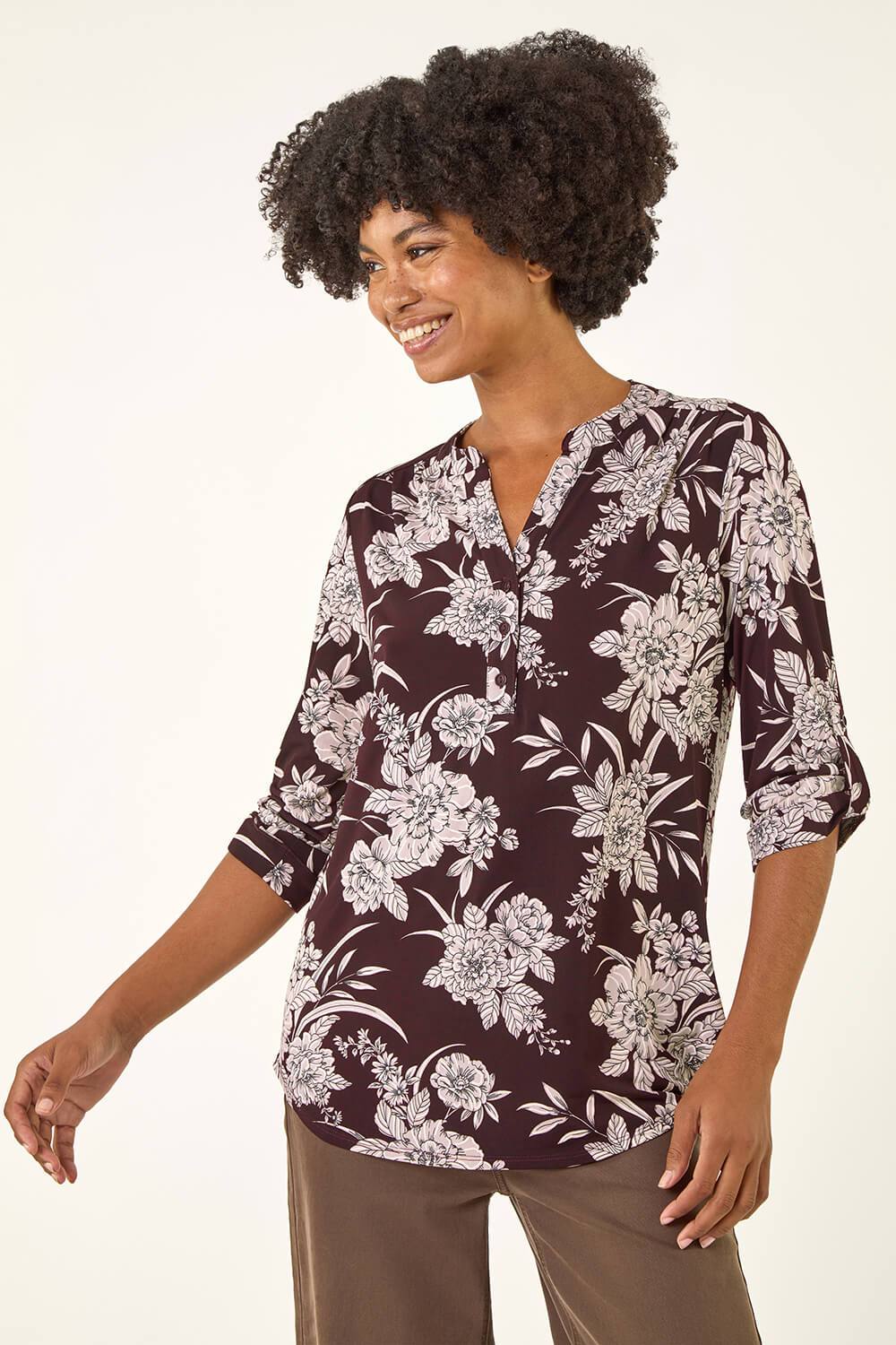 Roman Floral Puff Print Stretch Shirt In Burgundy Roman Floral Puff Print Stretch Shirt In Burgundy