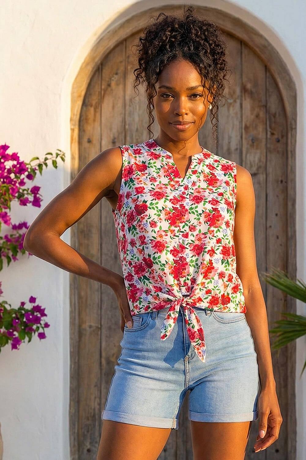 Roman Floral Tie Front Blouse In Red Roman Floral Tie Front Blouse In Red