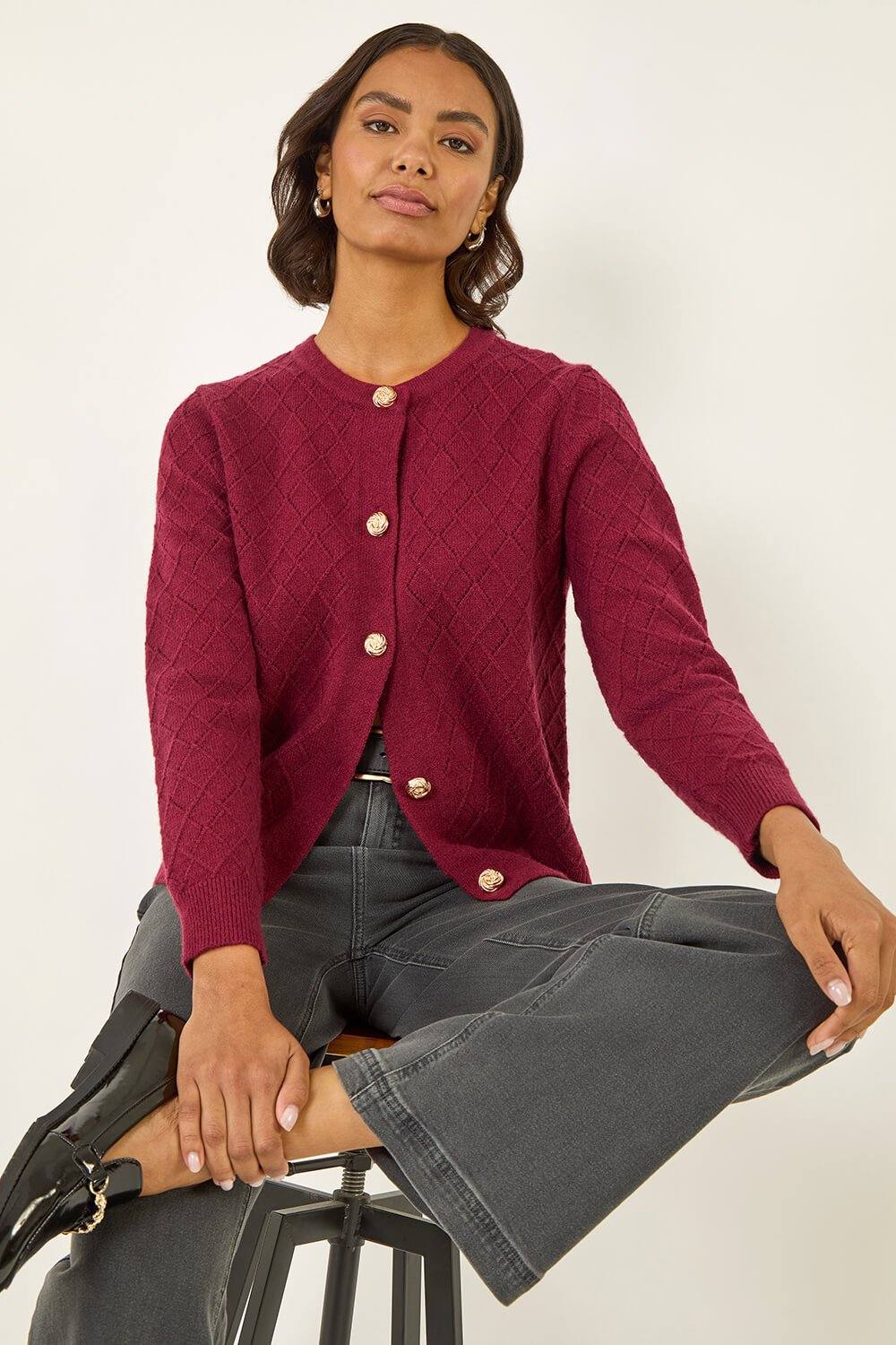 Roman Cable Knit Buttoned Cardigan In Burgundy Roman Cable Knit Buttoned Cardigan In Burgundy