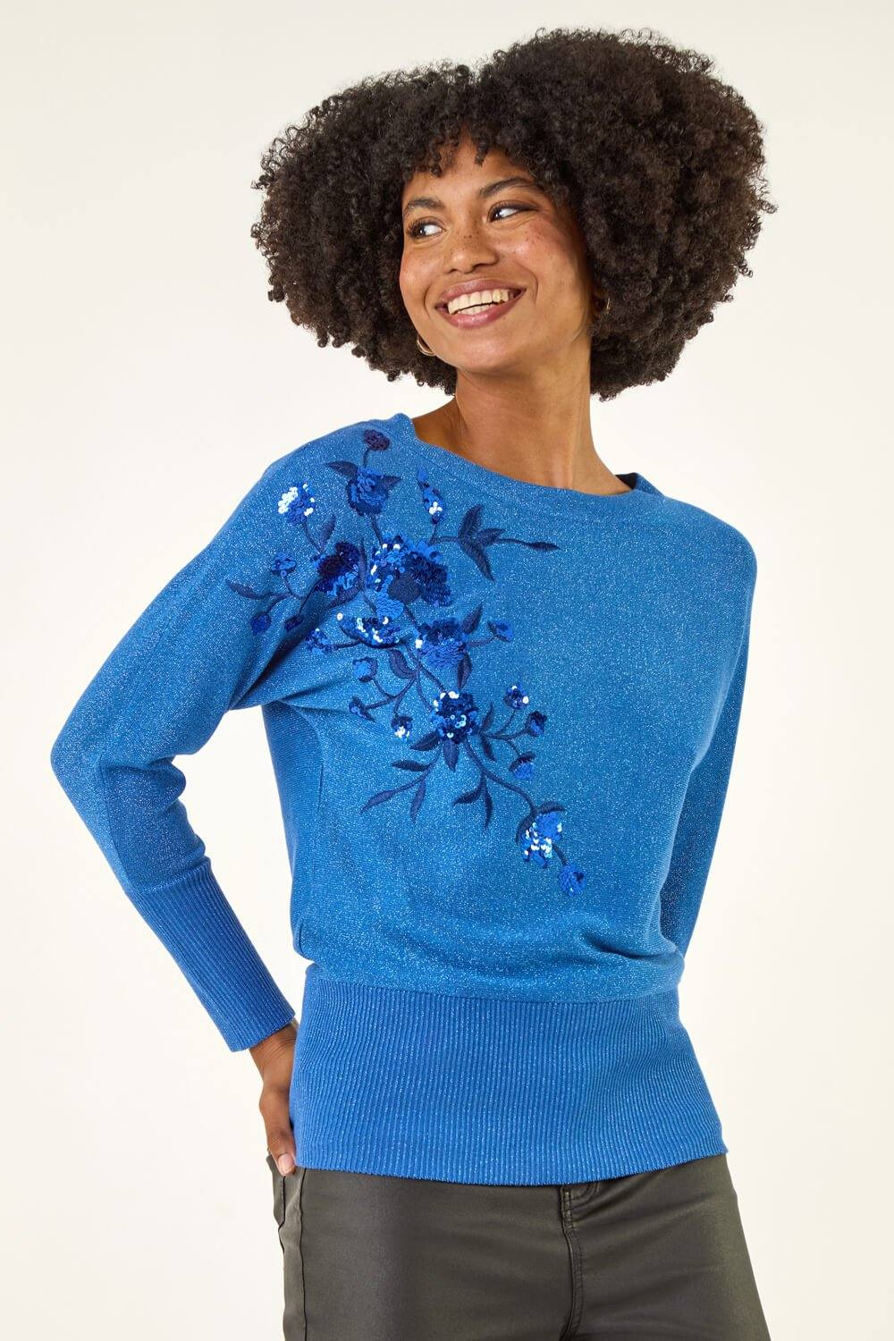 Roman Floral Sequin Knit Jumper In Blue Roman Floral Sequin Knit Jumper In Blue