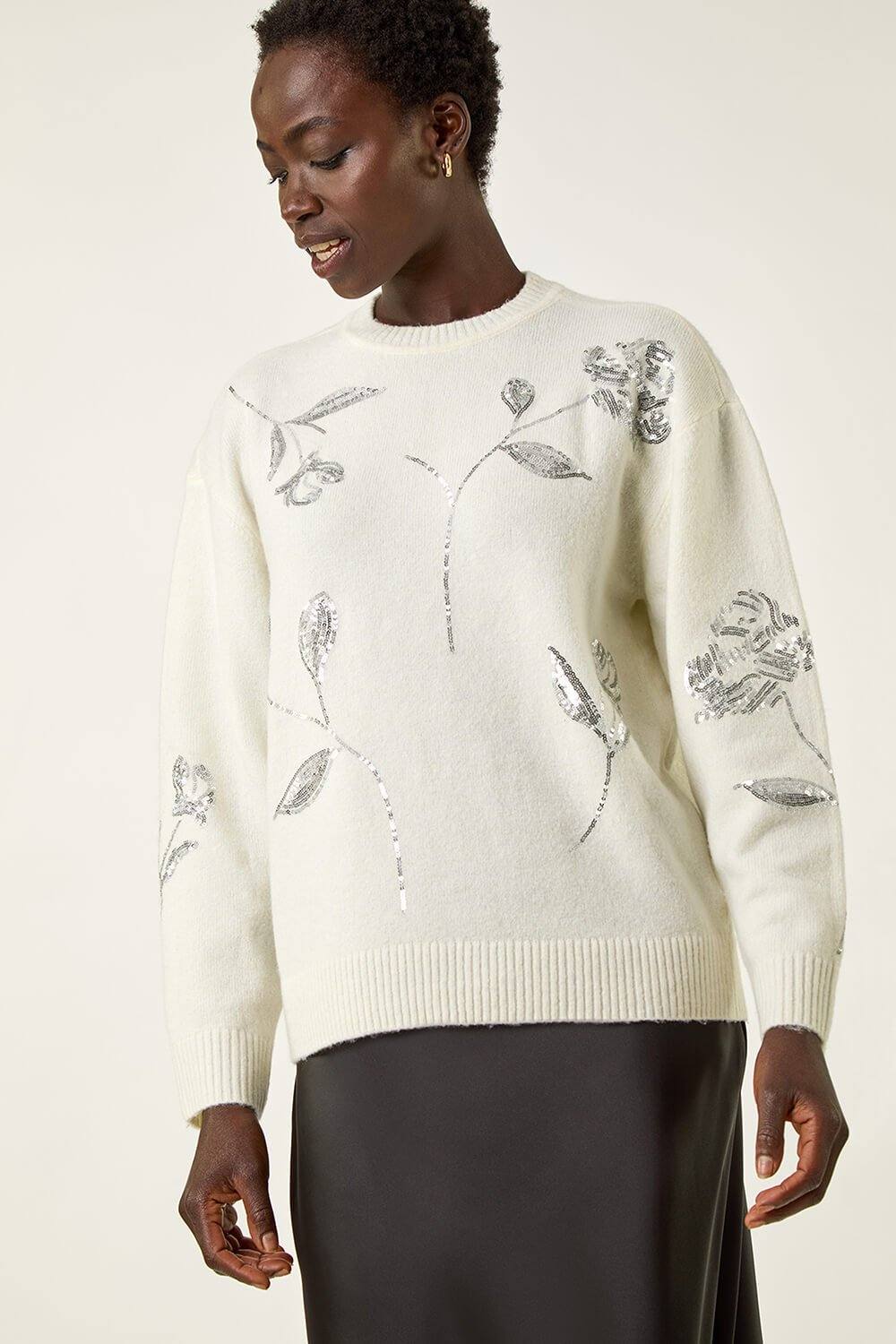 Roman Floral Sequin Knit Jumper In Ivory Roman Floral Sequin Knit Jumper In Ivory