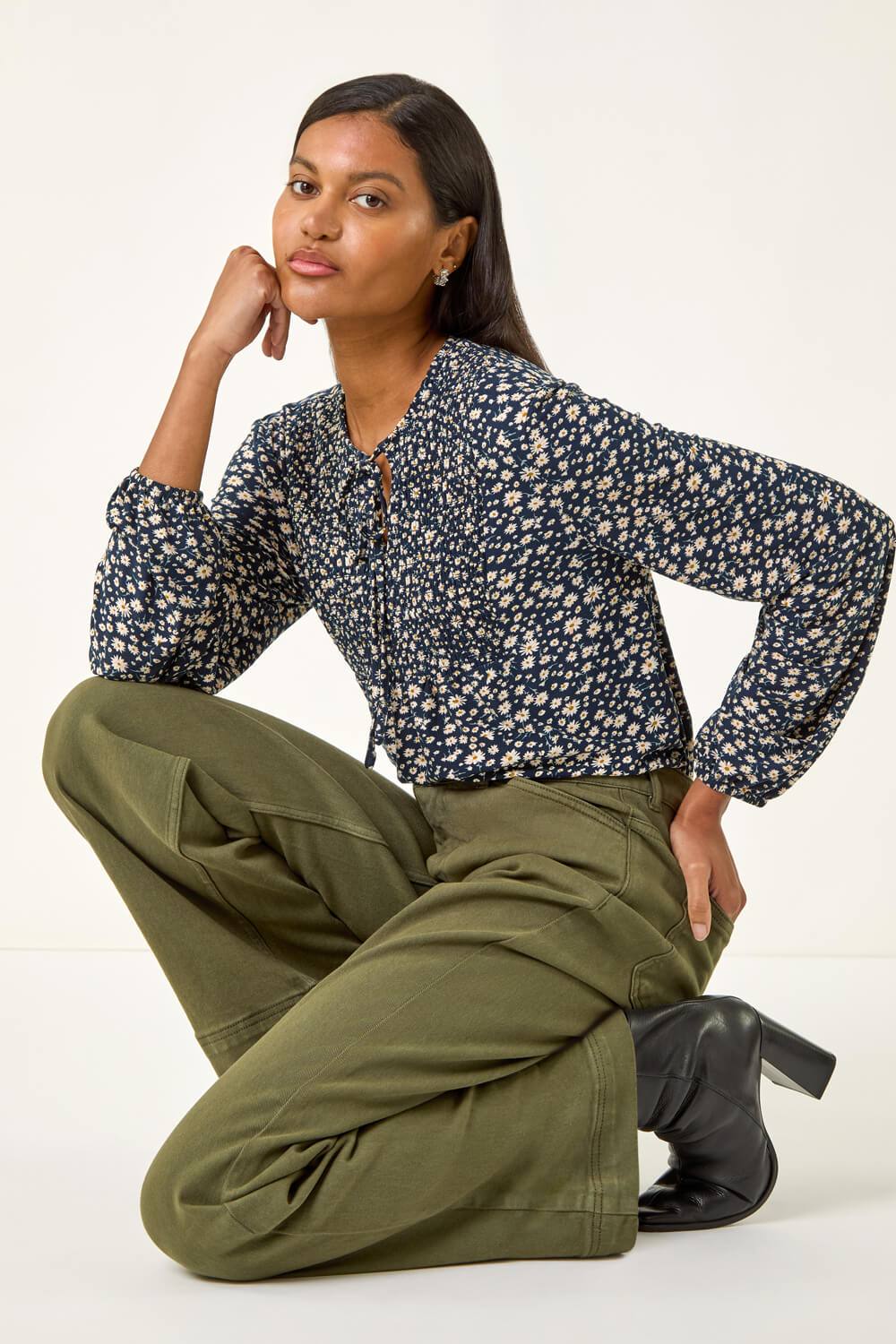 Roman Printed Shirred Tie Neck Top In Navy Roman Printed Shirred Tie Neck Top In Navy