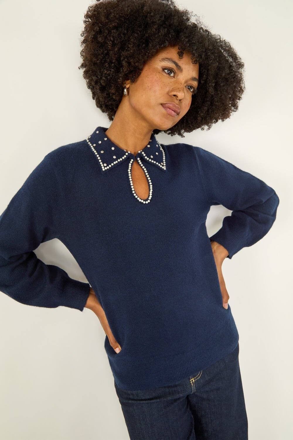 Roman Faux Pearl Collared Keyhole Knit Jumper In Navy Roman Faux Pearl Collared Keyhole Knit Jumper In Navy