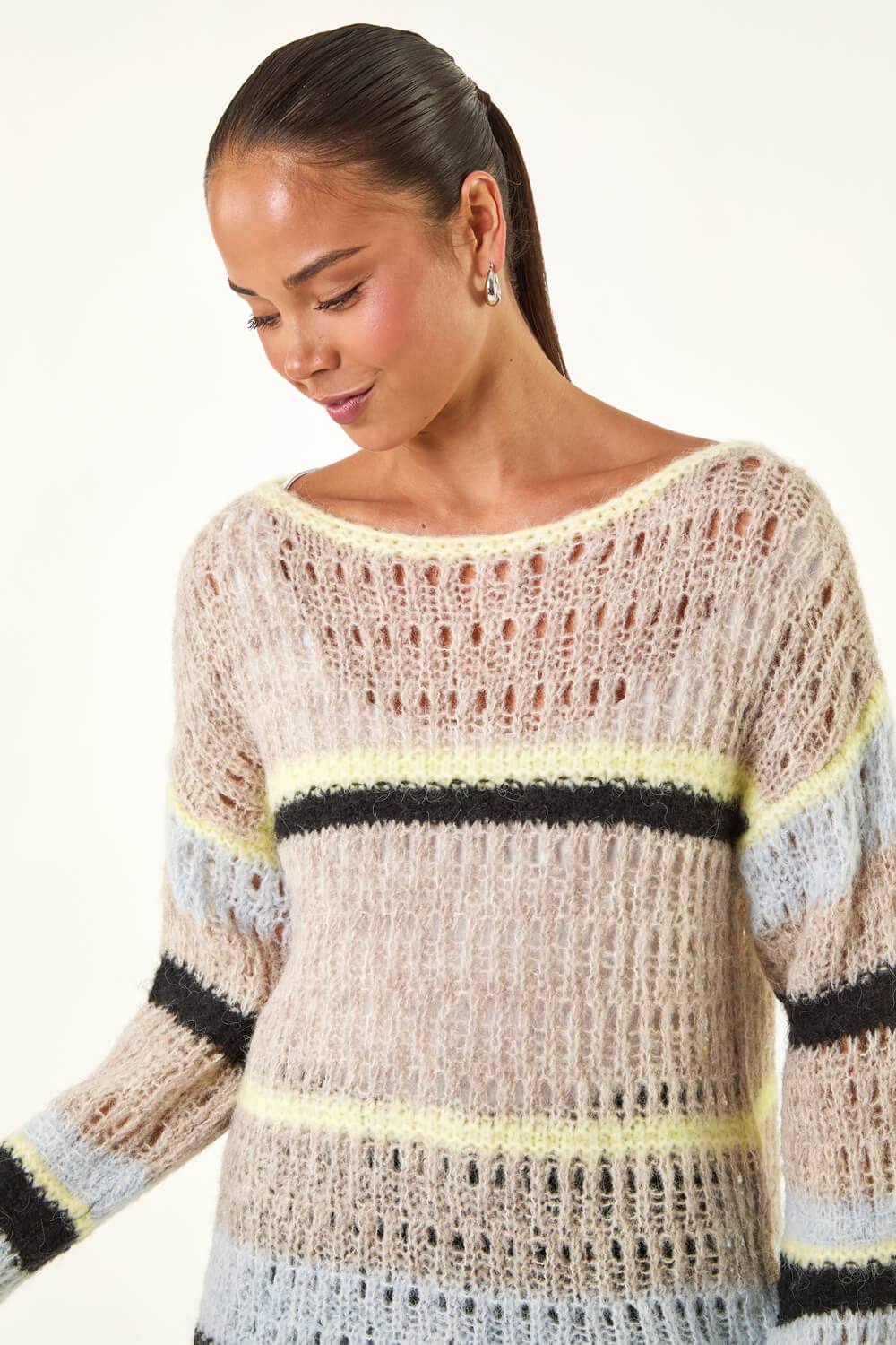Roman Petite Stripe Open Knitted Jumper In Stone Roman Petite Stripe Open Knitted Jumper In Stone