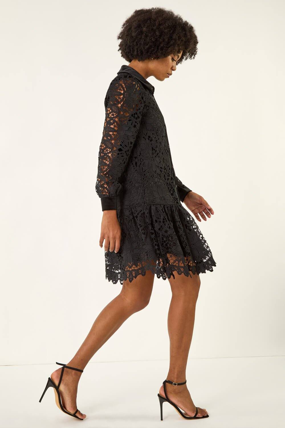 Roman Premium Velvet Trim Shirt Dress In Black Roman Premium Velvet Trim Shirt Dress In Black
