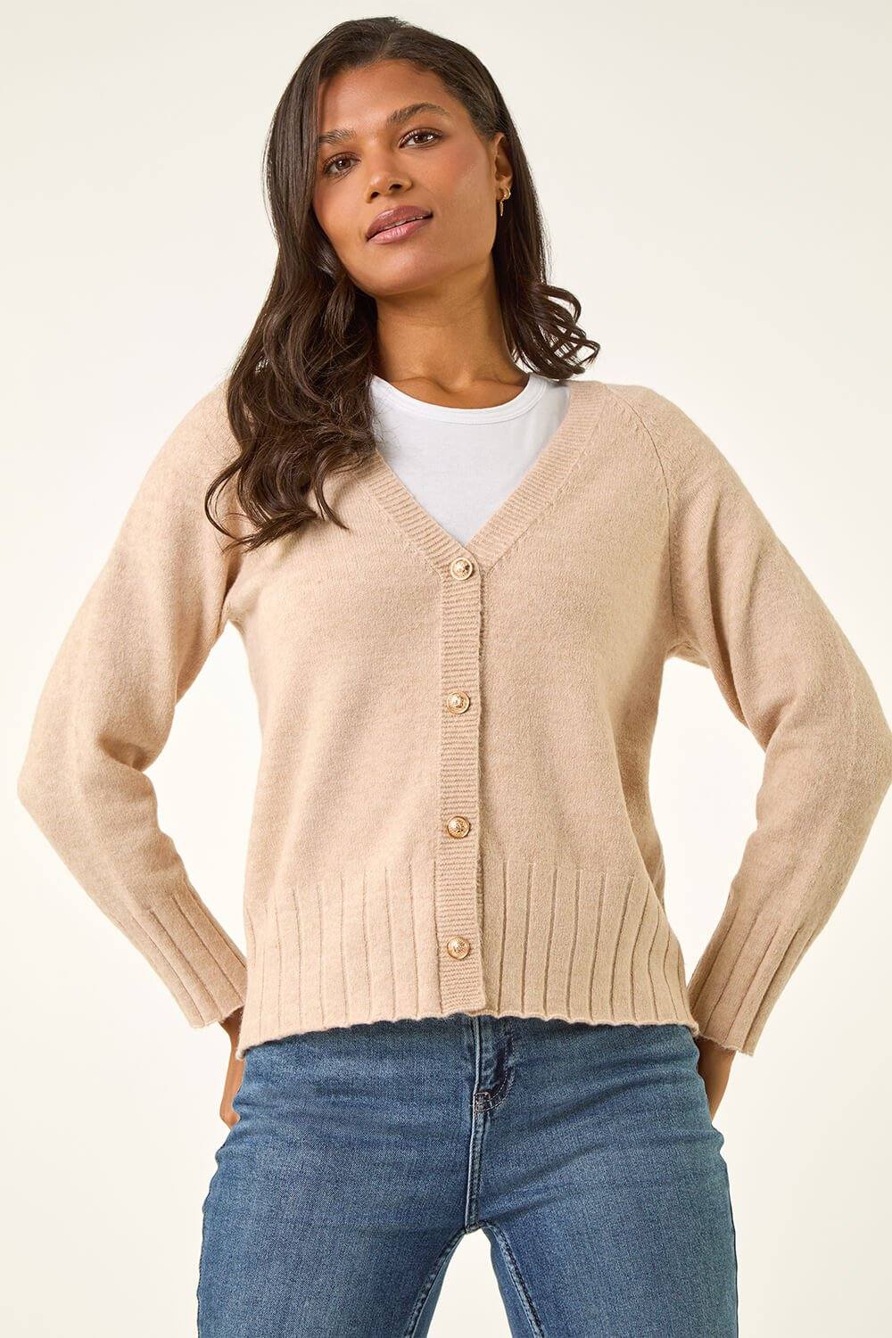 Roman Buttoned Soft Knit Cardigan In Beige Roman Buttoned Soft Knit Cardigan In Beige