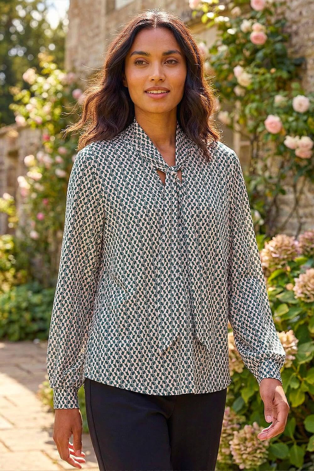 Roman Geo Print Tie Front Tunic Top In Green Roman Geo Print Tie Front Tunic Top In Green
