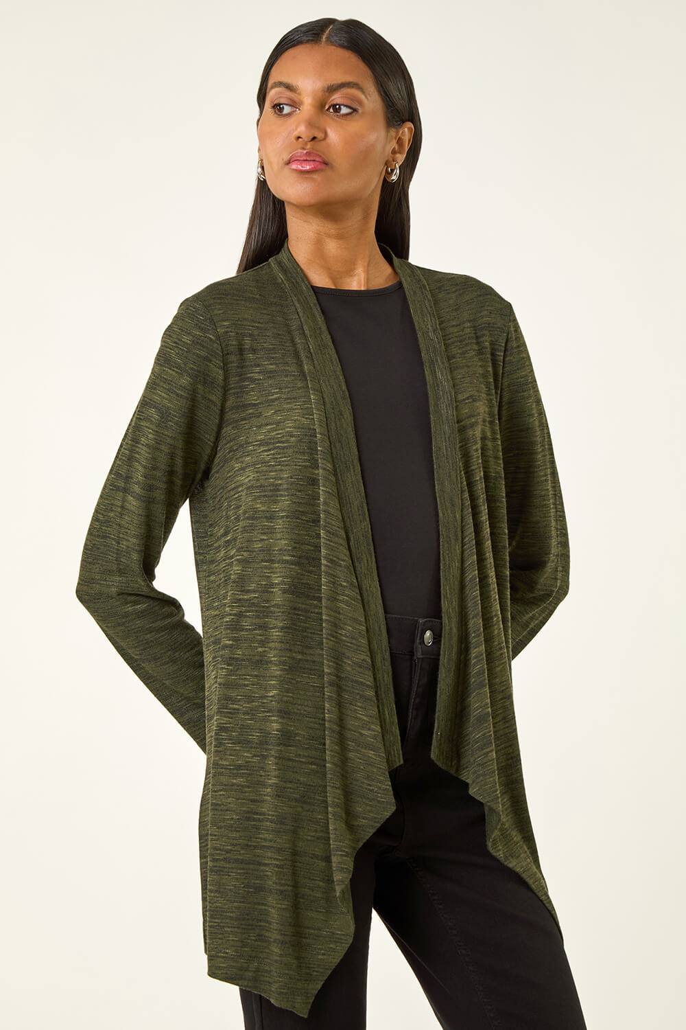 Roman Waterfall Front Stretch Cardigan In Khaki Roman Waterfall Front Stretch Cardigan In Khaki