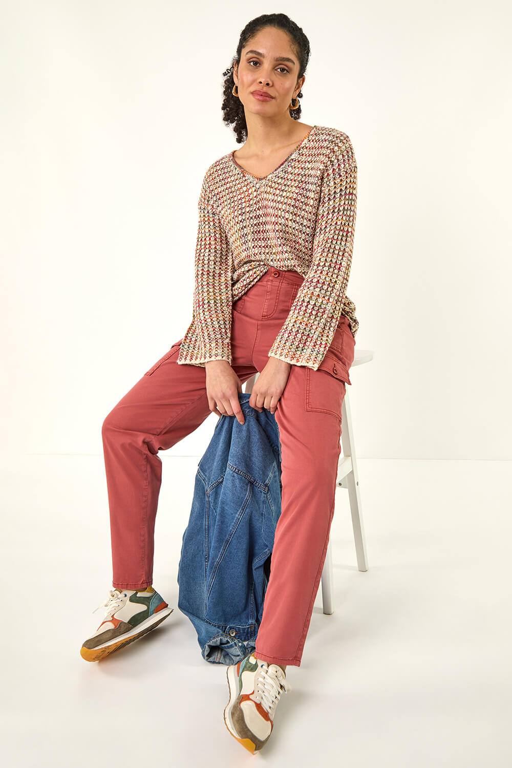 Roman Casual Elastic Waist Cargo Stretch Trousers In Rose