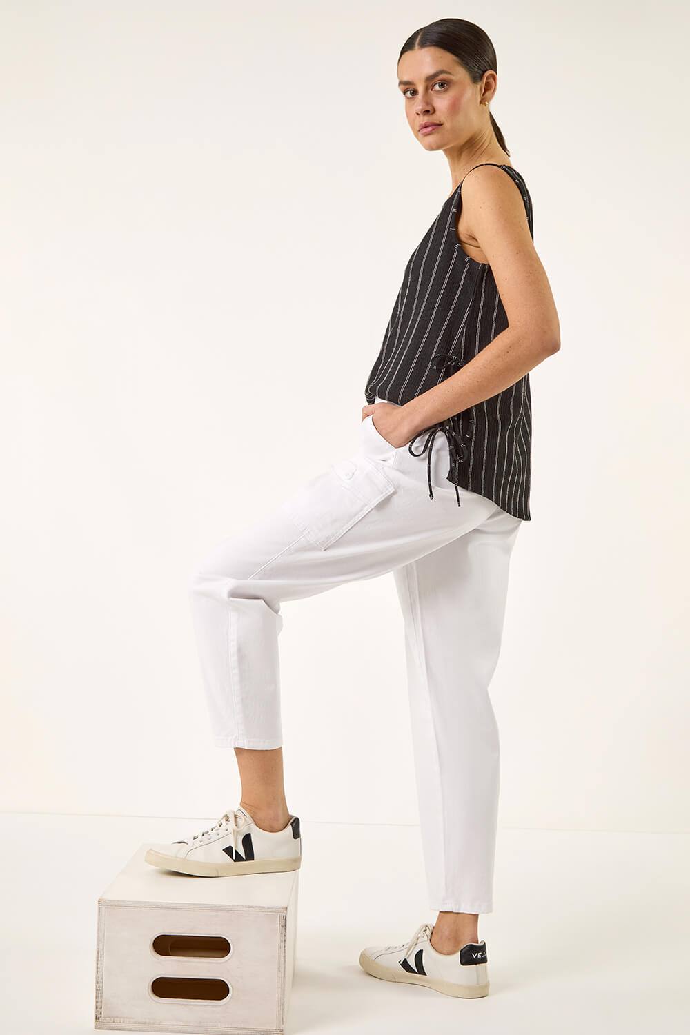 Roman Casual Elastic Waist Cargo Stretch Trousers In White Roman Casual Elastic Waist Cargo Stretch Trousers In White
