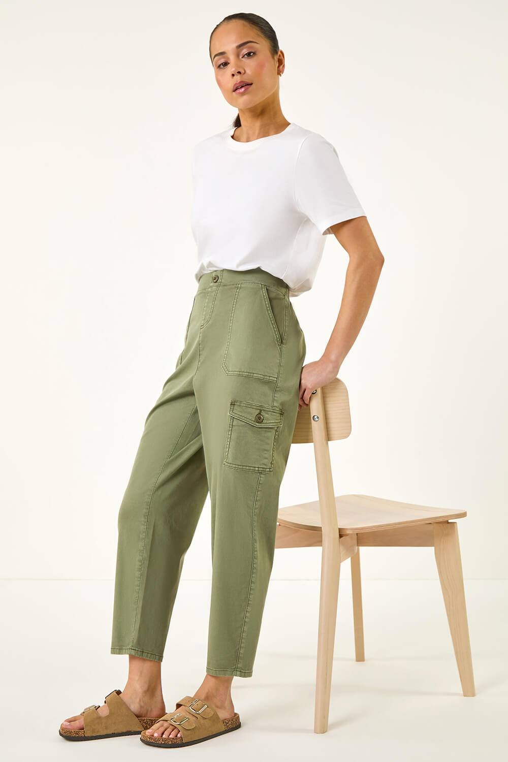 Roman Petite Cotton Cargo Stretch Trousers In Dark Green Roman Petite Cotton Cargo Stretch Trousers In Dark Green