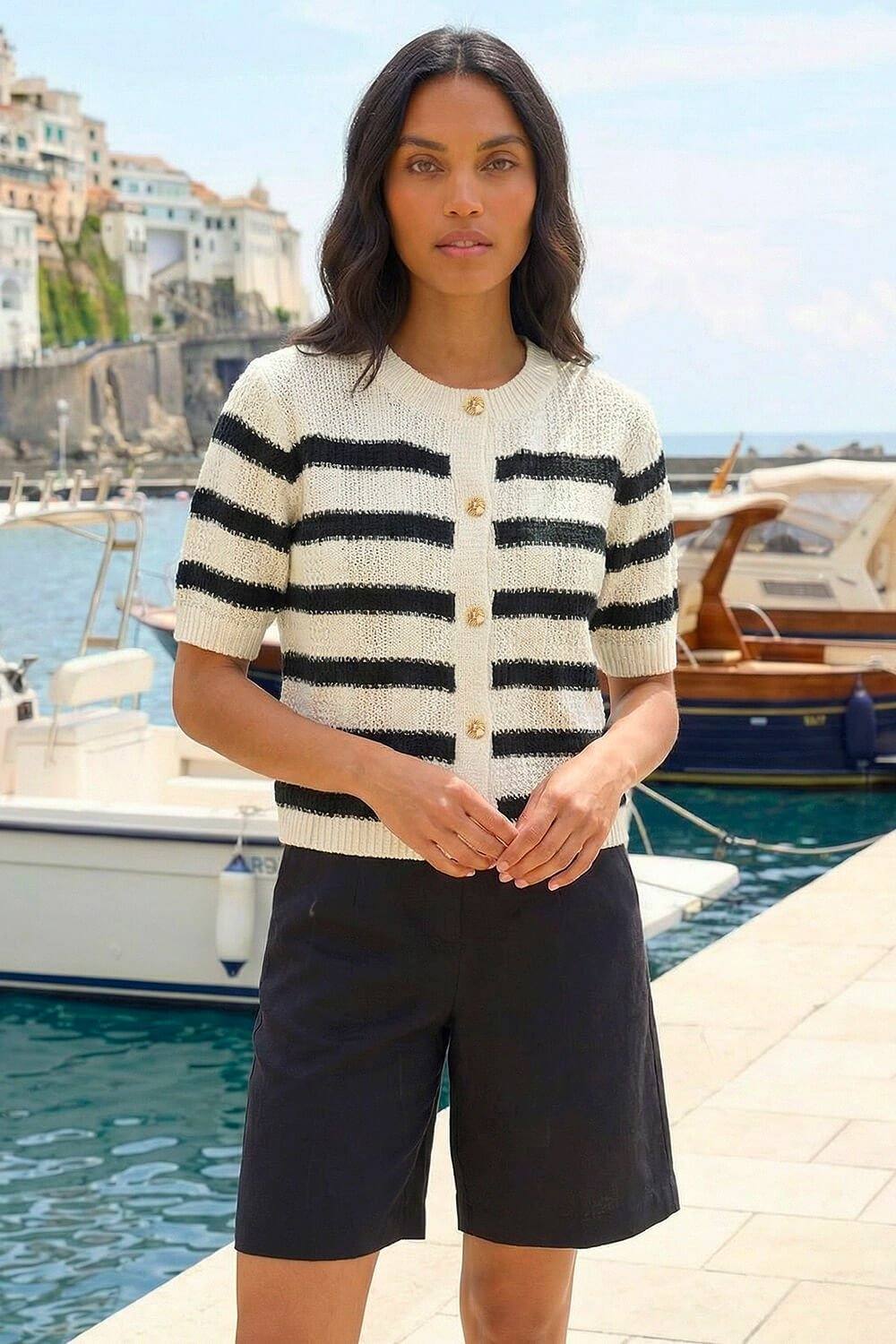 Roman Stripe Button Knit Cardigan In Ivory Roman Stripe Button Knit Cardigan In Ivory