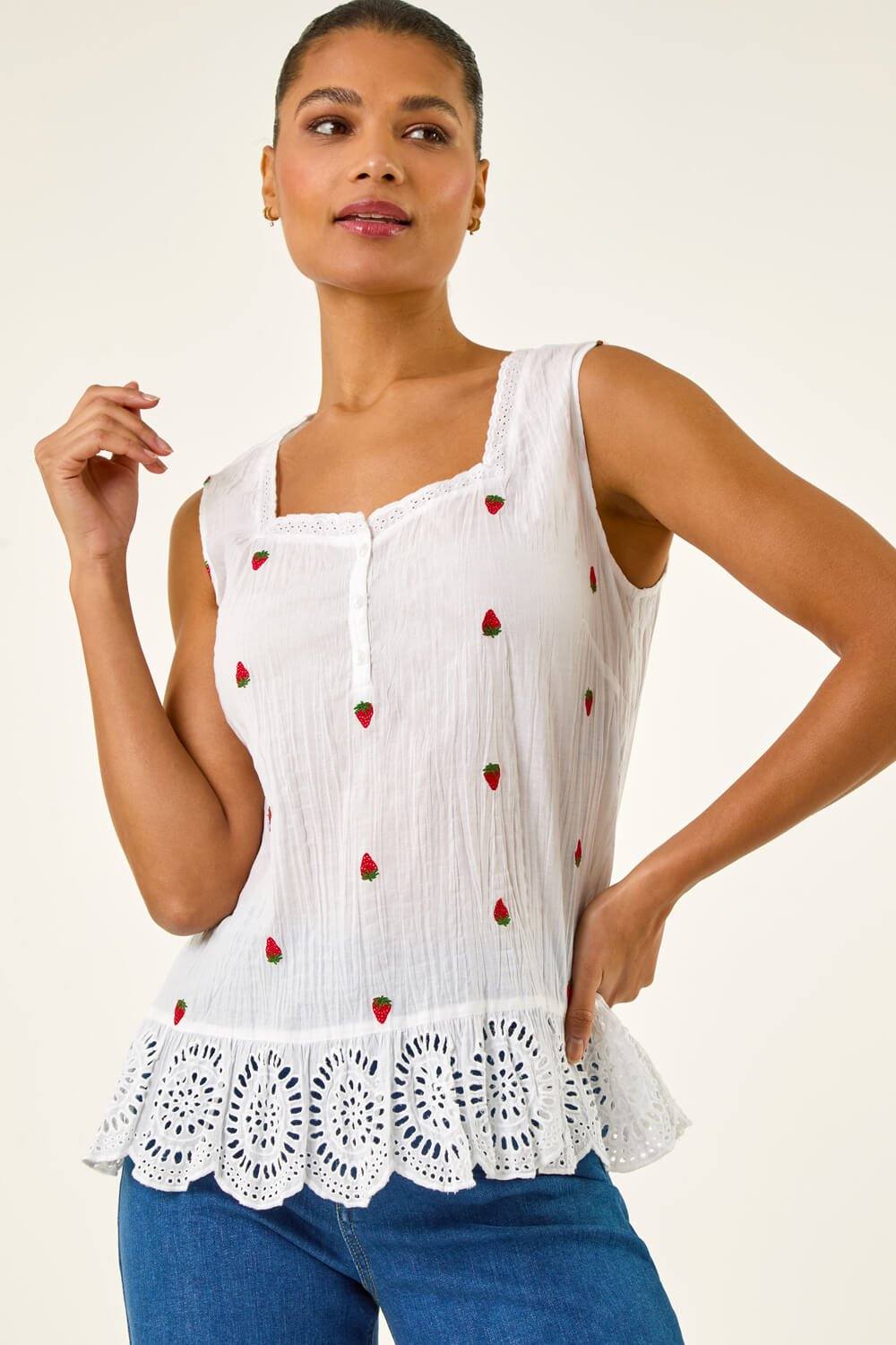 Roman Strawberry Embroidered Crinkle Vest Top In Ivory Roman Strawberry Embroidered Crinkle Vest Top In Ivory