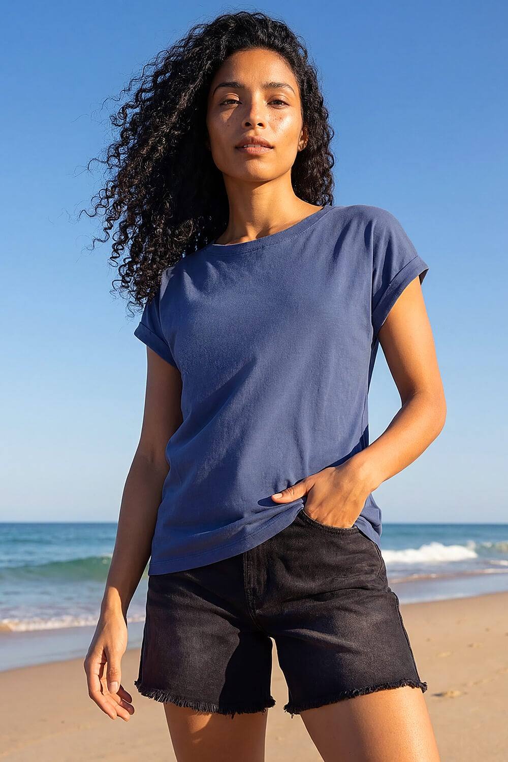 Roman Plain Stretch Cotton Jersey Shirt In Mid Blue Roman Plain Stretch Cotton Jersey Shirt In Mid Blue