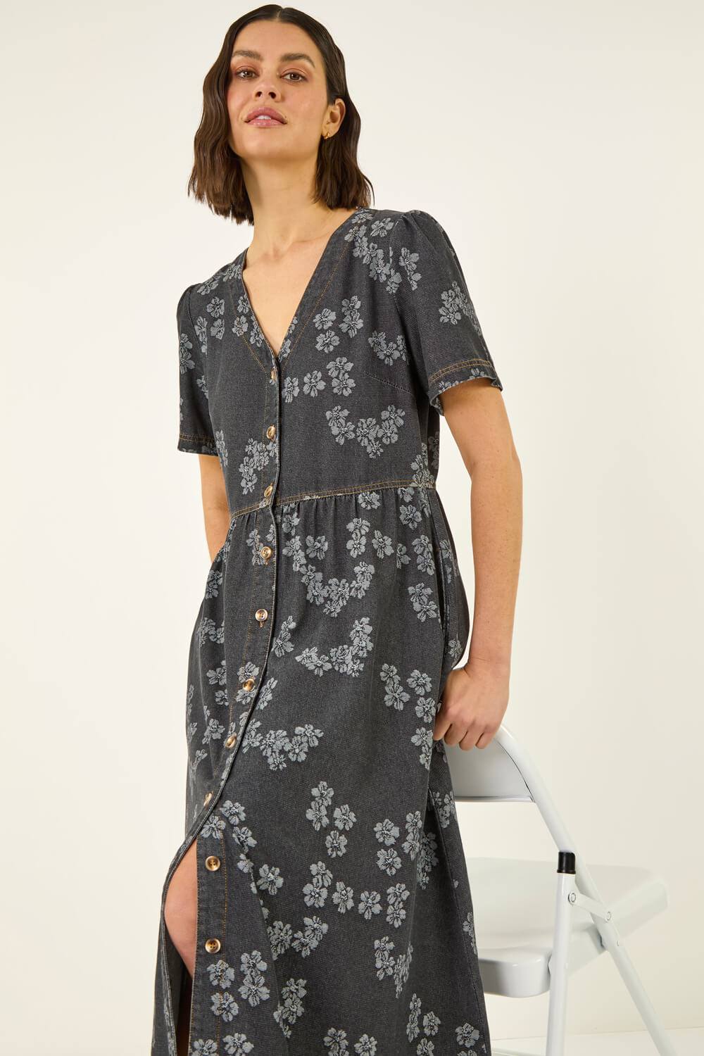 Roman Floral Denim Shirt Dress In Black Roman Floral Denim Shirt Dress In Black