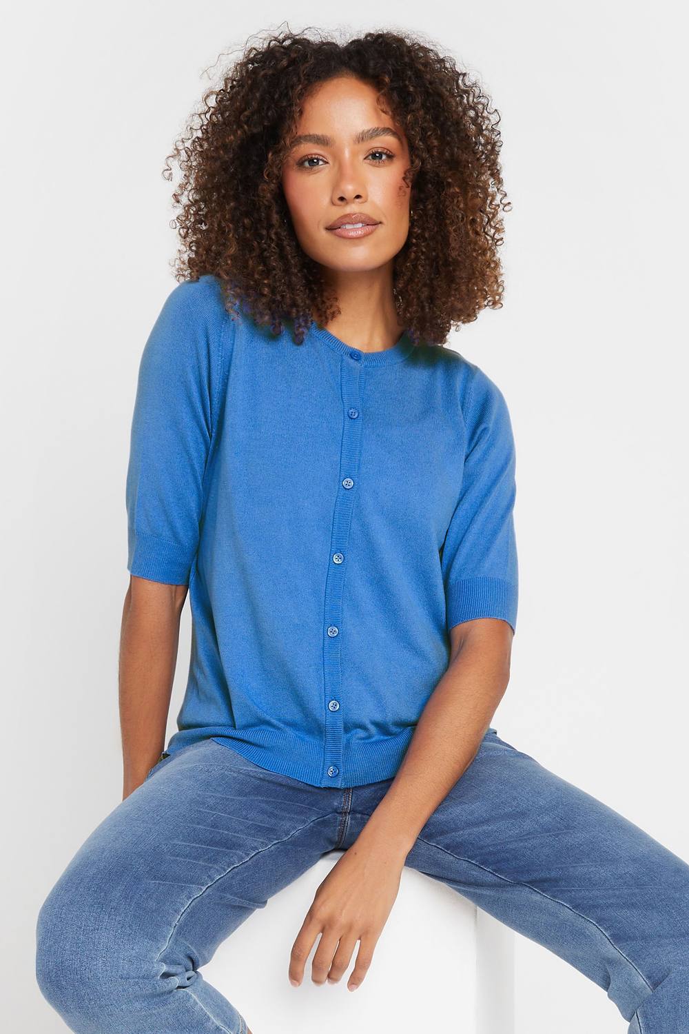 M&co Button Through Short Sleeve Cardigan In Blue M&co Button Through Short Sleeve Cardigan In Blue