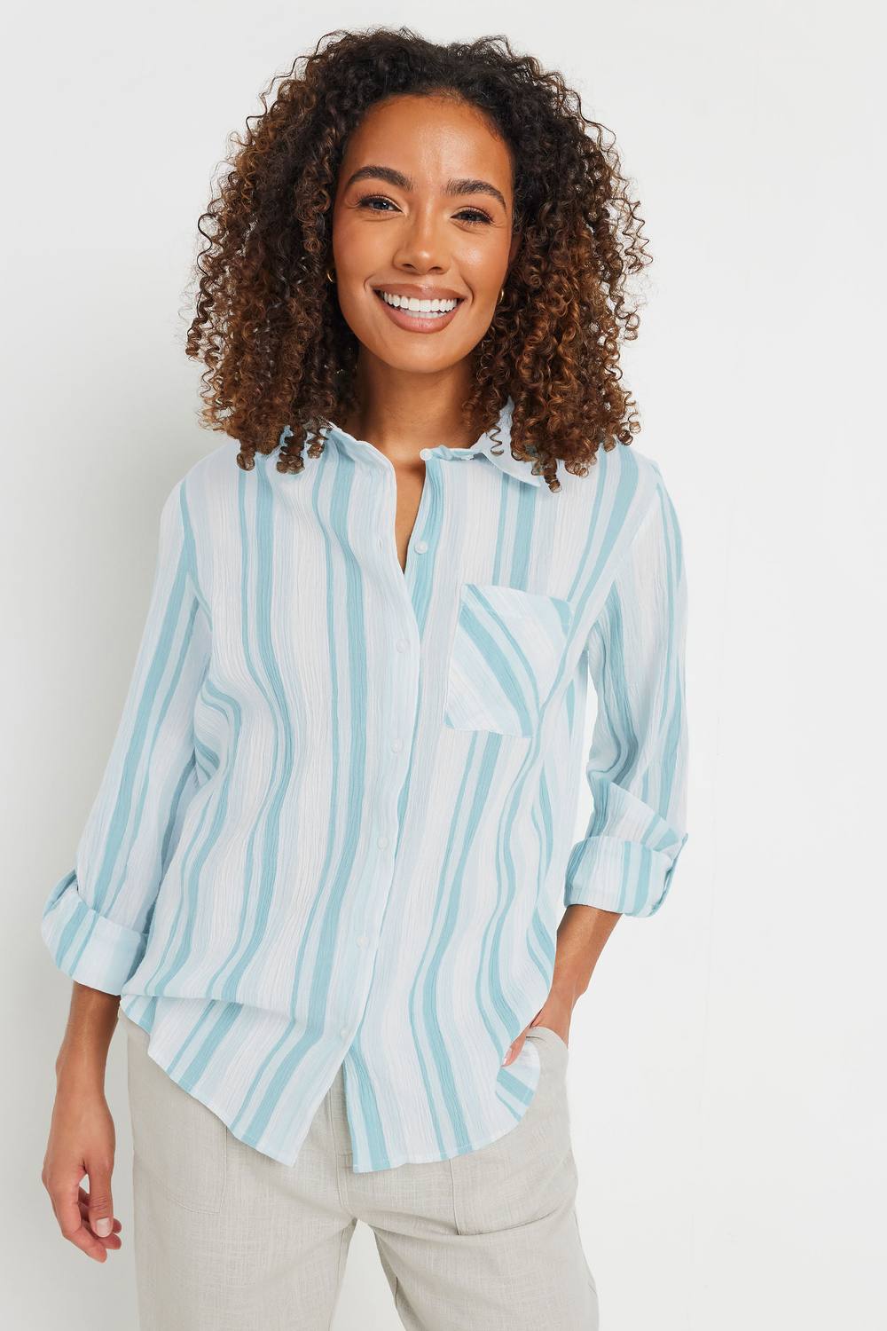 M&co Stripe Tab Sleeve Cotton Shirt In Blue M&co Stripe Tab Sleeve Cotton Shirt In Blue