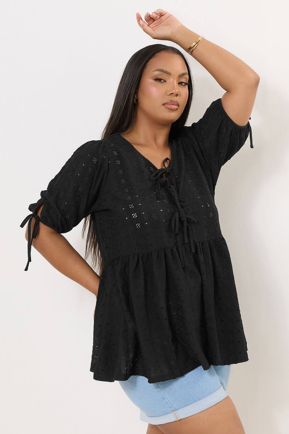 Yours Broderie Anglaise Bow Tie Front Peplum Top In Black Yours Broderie Anglaise Bow Tie Front Peplum Top In Black