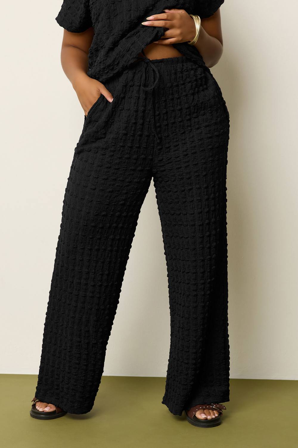 Yours Bubble Textured Wide Leg Trousers In Black Yours Bubble Textured Wide Leg Trousers In Black