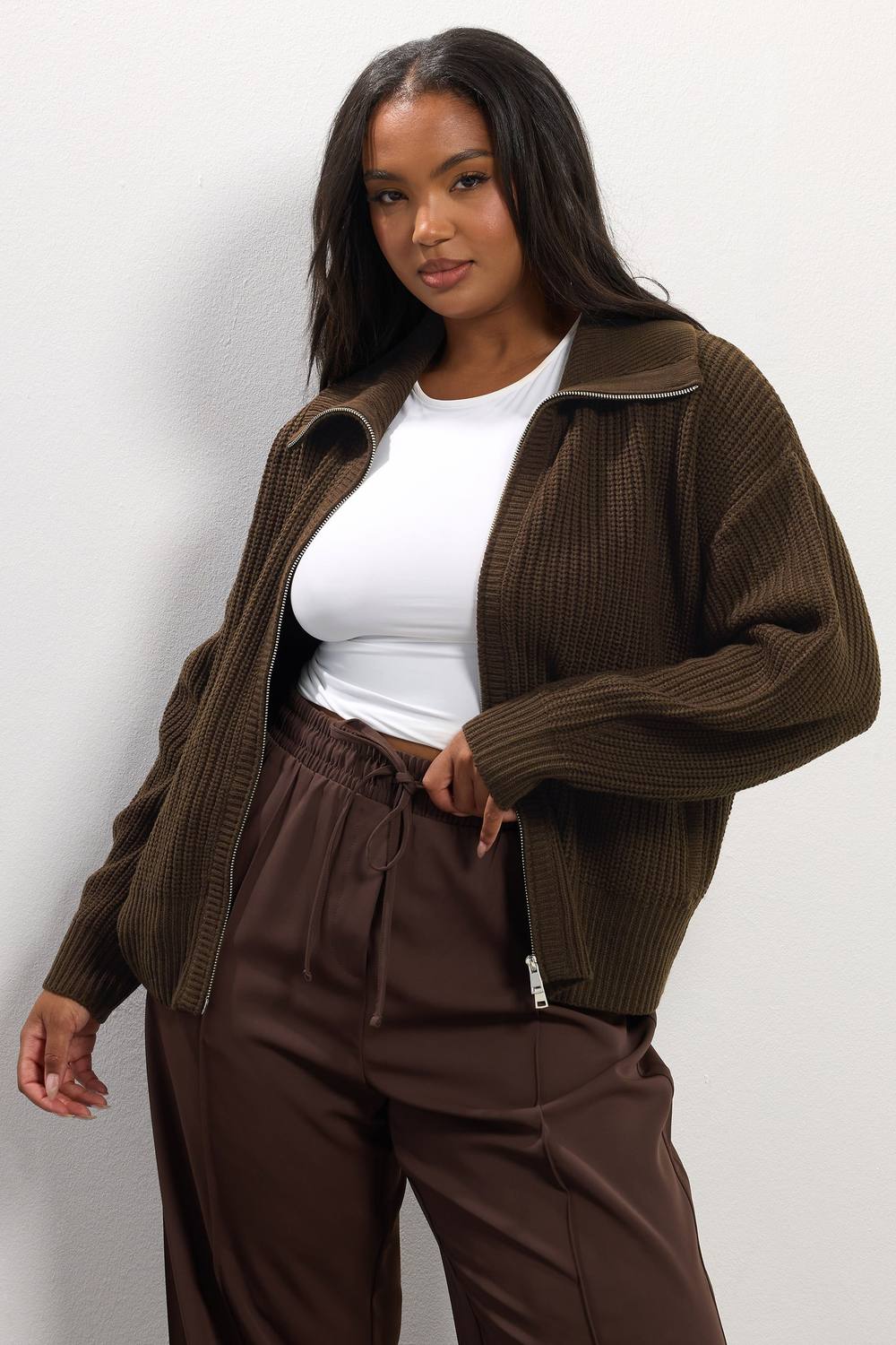 Yours Bomber Knitted Cardigan In Brown Yours Bomber Knitted Cardigan In Brown