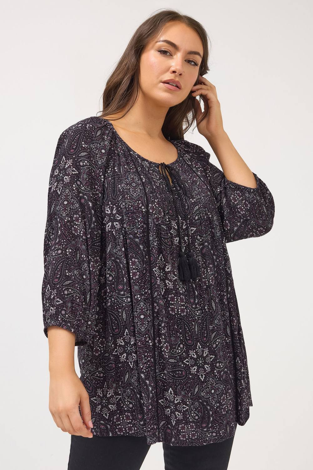 Yours Paisley Tie Neck Top In Black Yours Paisley Tie Neck Top In Black
