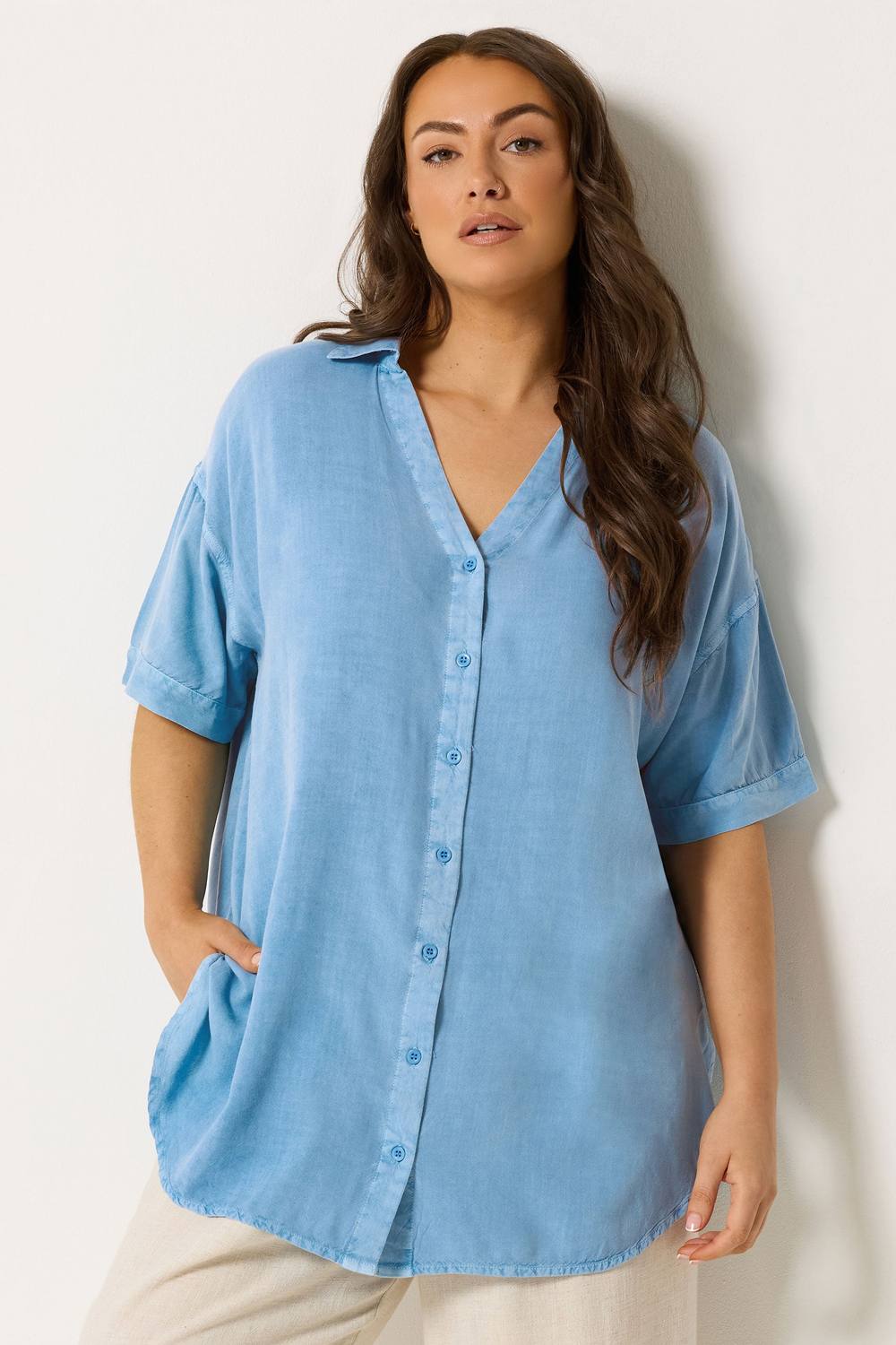 Yours Short Sleeve Chambray Shirt In Light Blue Yours Short Sleeve Chambray Shirt In Light Blue