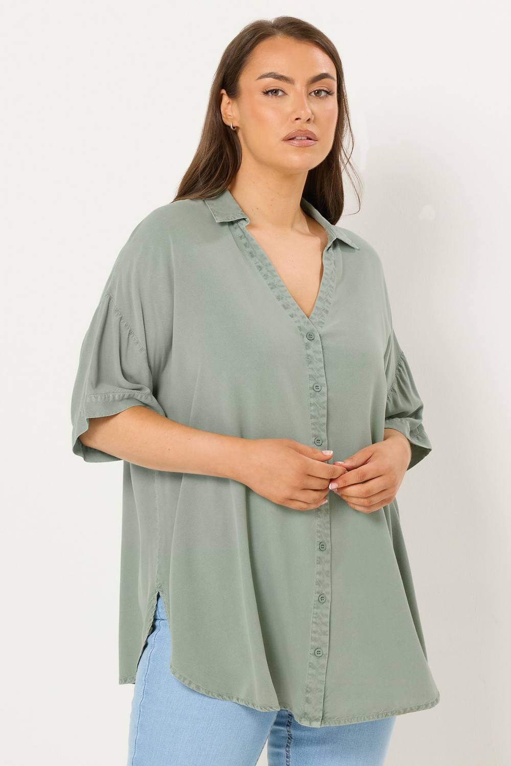 Yours Short Sleeve Chambray Shirt In Light Green Yours Short Sleeve Chambray Shirt In Light Green
