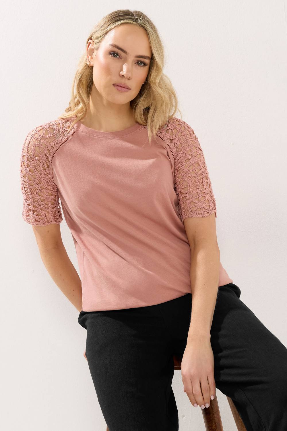 Long Tall Sally Tall Crochet Raglan Shirt In Light Pink Long Tall Sally Tall Crochet Raglan Shirt In Light Pink
