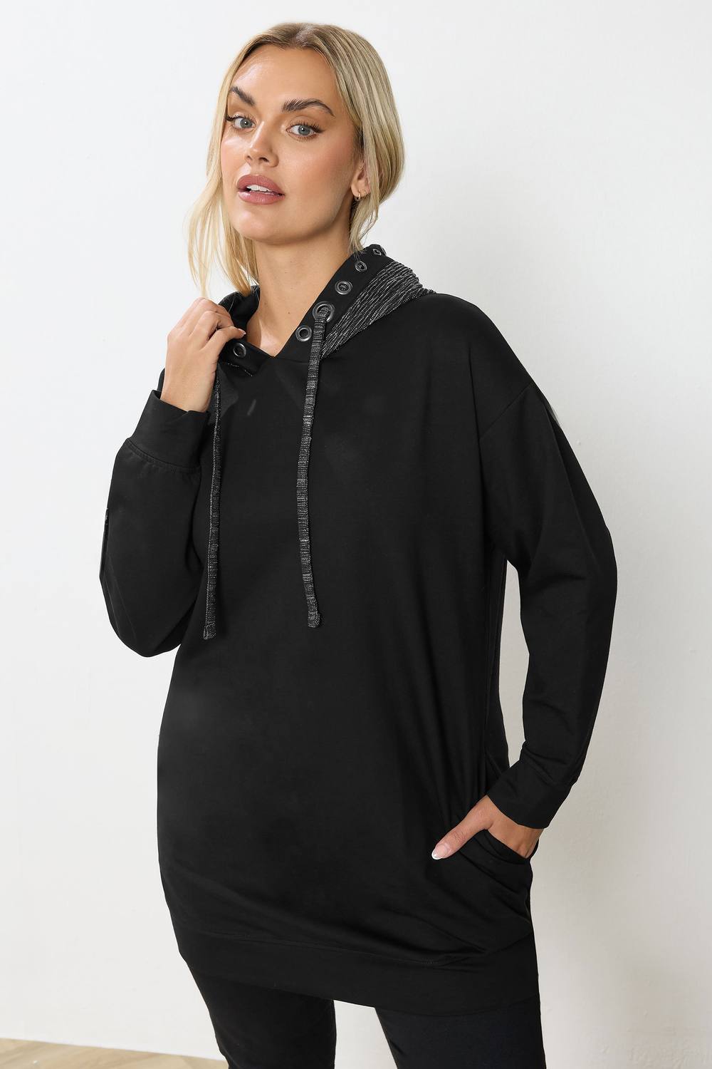 Yours Shimmer Trim Eyelet Hoodie In Black Yours Shimmer Trim Eyelet Hoodie In Black