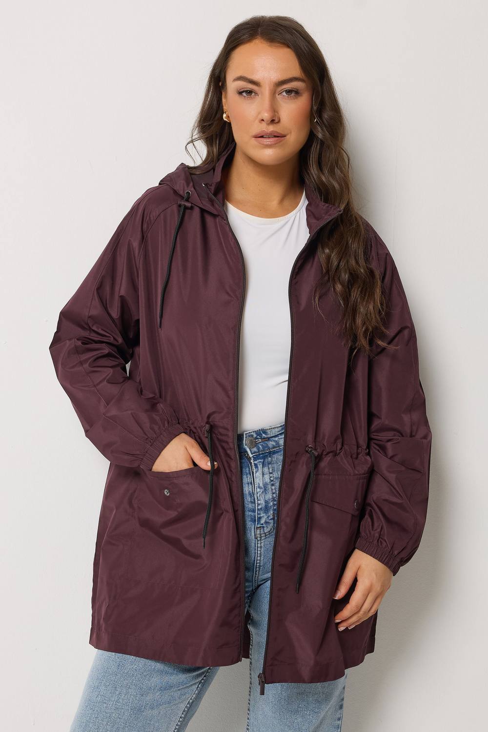 Yours Drawstring Lightweight Parka Jacket In Plum Yours Drawstring Lightweight Parka Jacket In Plum
