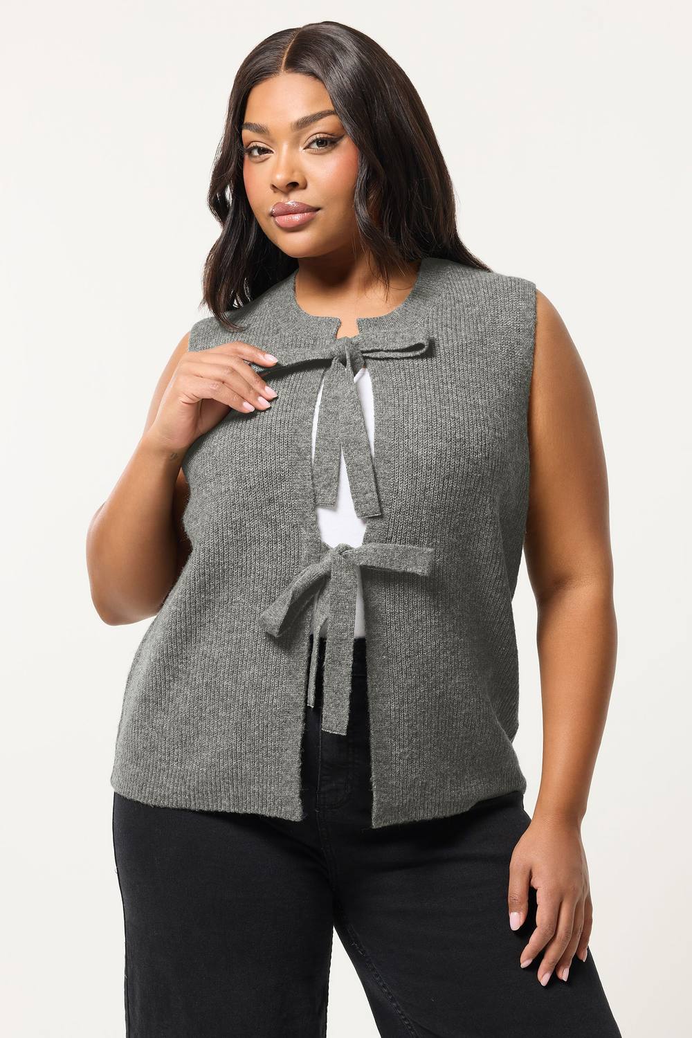 Yours Double Tie Knitted Vest Top In Dark Grey Yours Double Tie Knitted Vest Top In Dark Grey