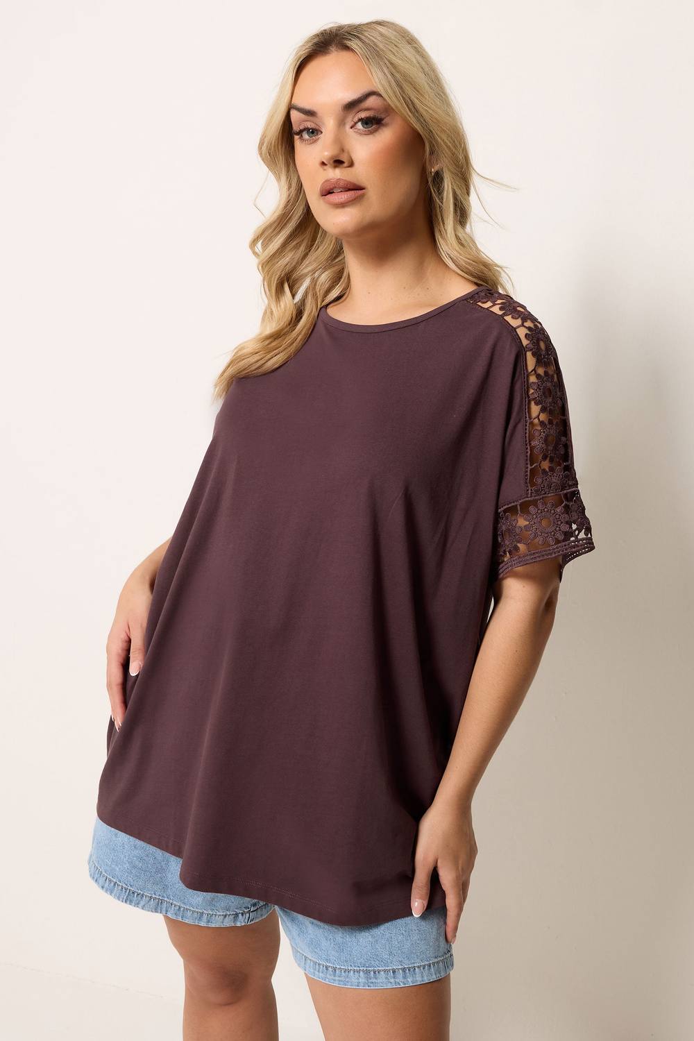 Yours Crochet Sleeve Boxy Shirt In Chocolate Yours Crochet Sleeve Boxy Shirt In Chocolate