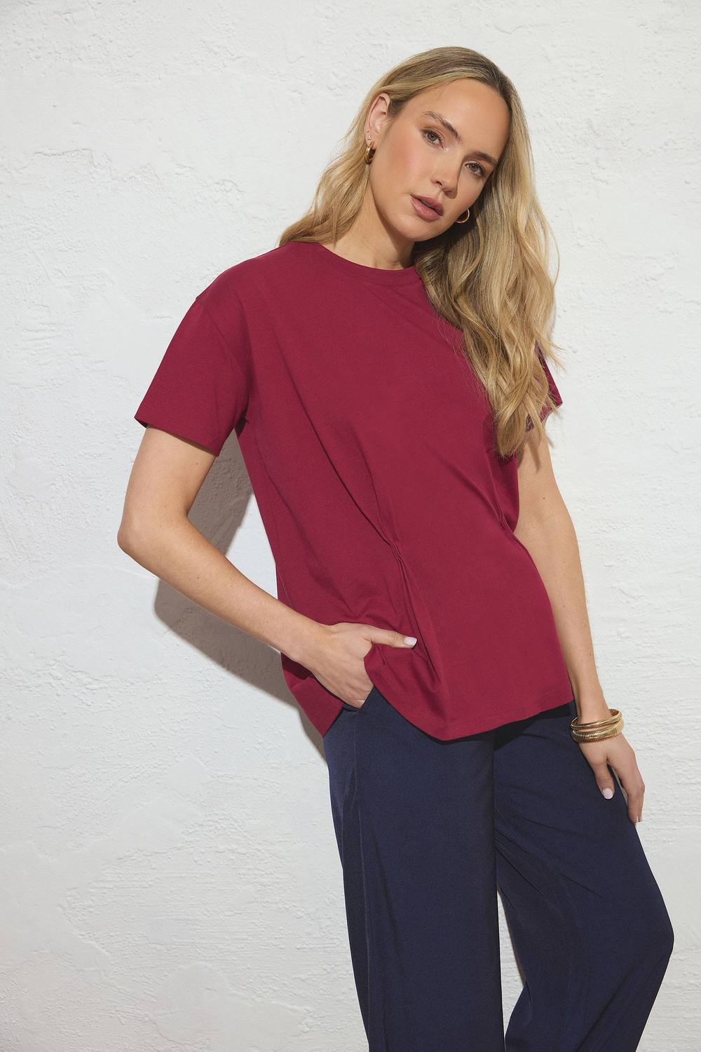 Long Tall Sally Tall Pleat Front Shirt In Burgundy Long Tall Sally Tall Pleat Front Shirt In Burgundy