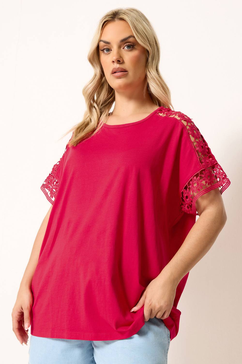 Yours Crochet Sleeve Boxy Shirt In Fuchsia Yours Crochet Sleeve Boxy Shirt In Fuchsia