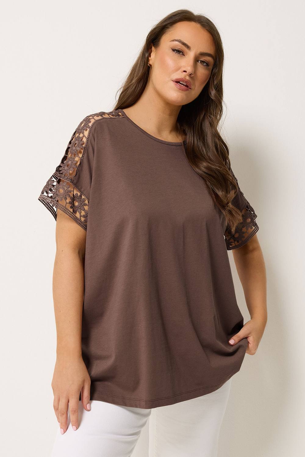Yours Crochet Sleeve Boxy Shirt In Brown Yours Crochet Sleeve Boxy Shirt In Brown