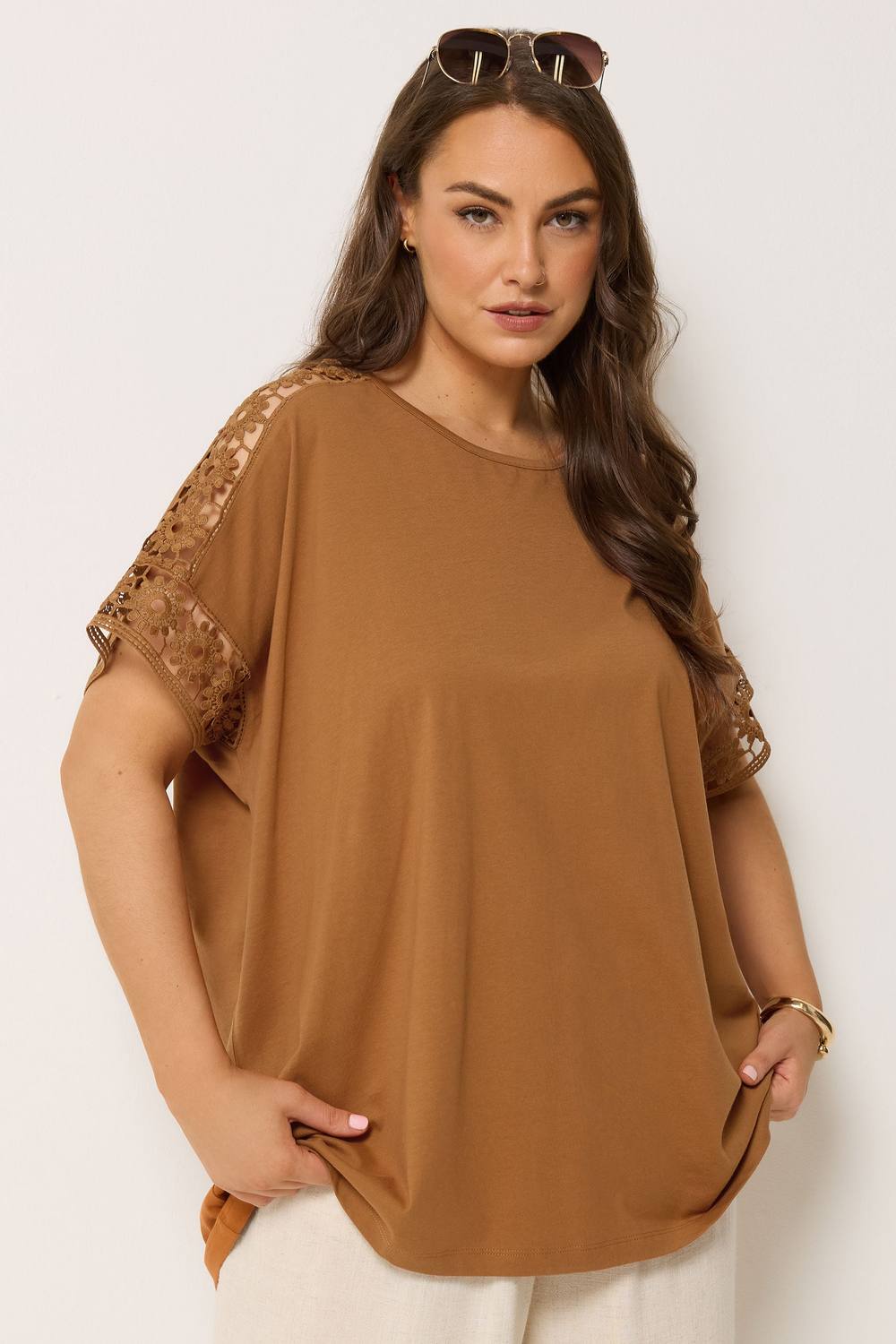 Yours Crochet Sleeve Boxy Shirt In Fawn Yours Crochet Sleeve Boxy Shirt In Fawn